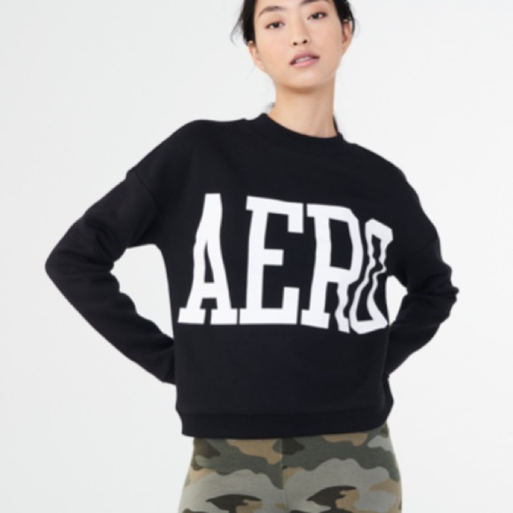 AEROPOSTAL Women Black Block Logo Crew Sweatshirt | XL